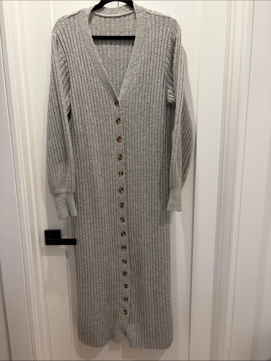 Saodimallsu Sweaters - Ribbed Button-Front Long Line Cardigan/Sweater Dress- Light Gray. Worn Once.